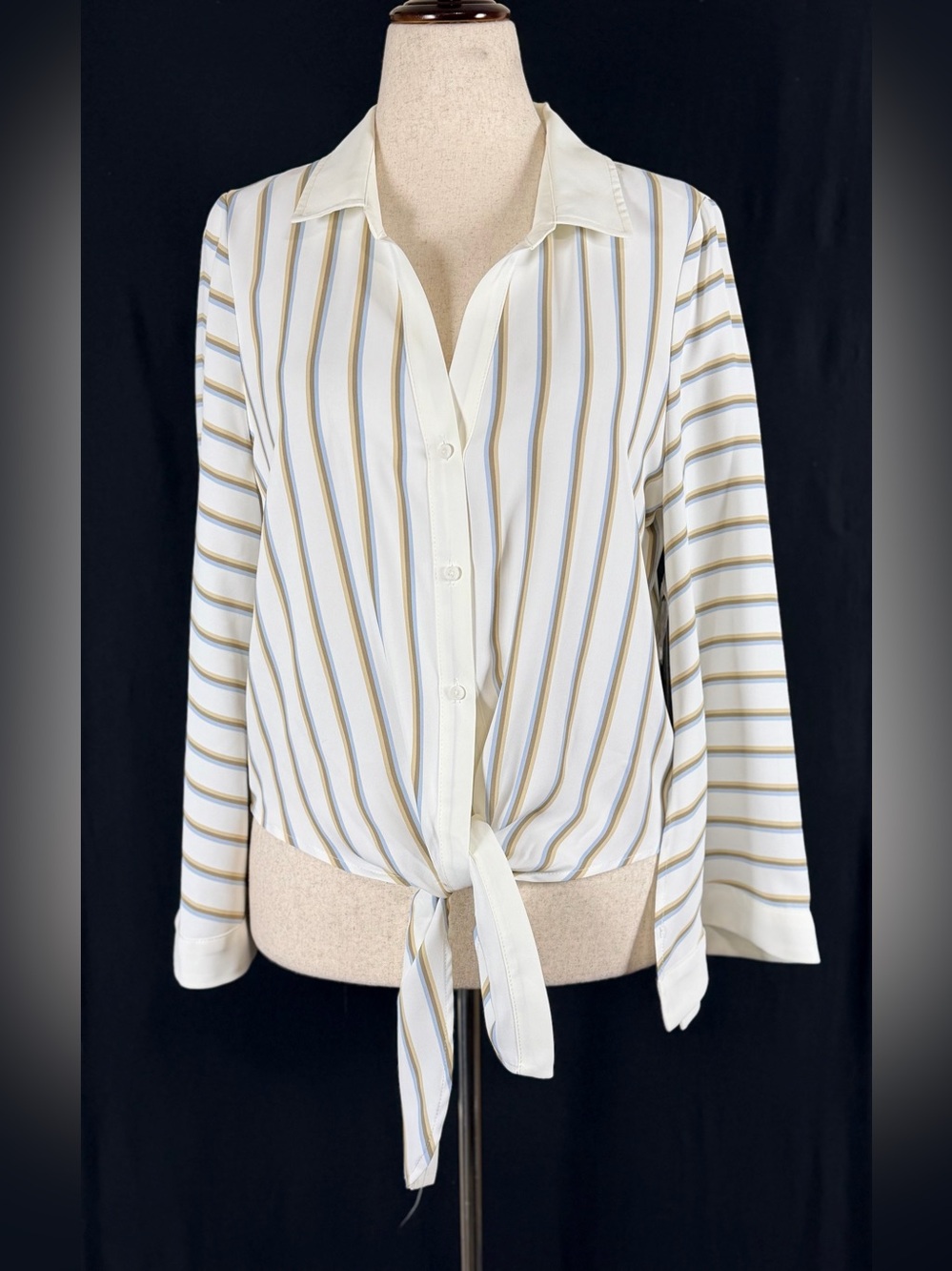 Vince Camuto Cream Blouse with Tan Light Blue Stripes Tie front bell sleeve